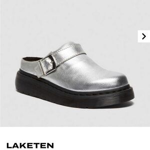 Dr, Martens Silver Slip-On Clogs with Buckle